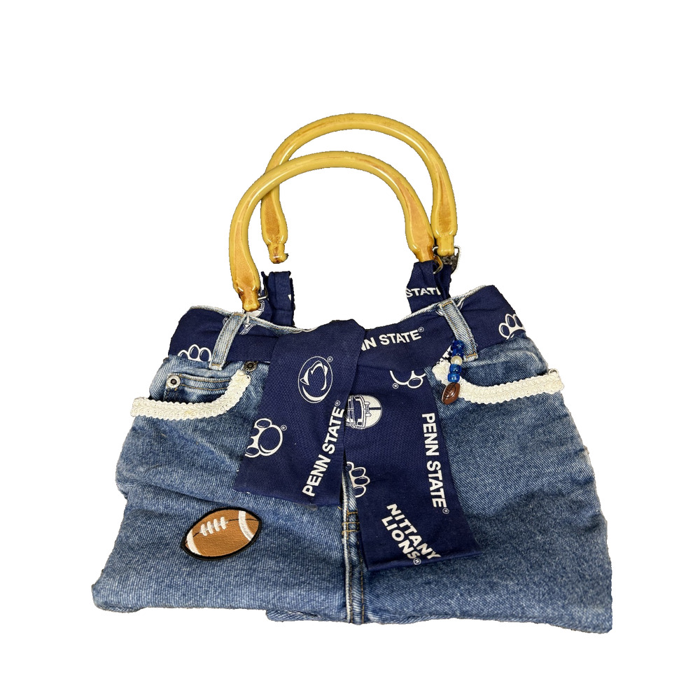 Handmade Penn State Nittany Lions Upcycled Denim Purse Wood Handle NCAA PSU Bag
